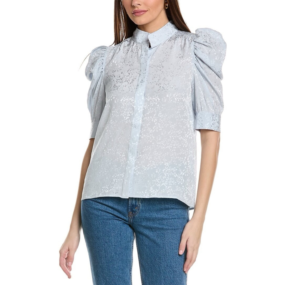 NWT Frame Gillian Denim Blue Silk Puff Sleeve Blouse Size Small Petite Pastel - Picture 1 of 7